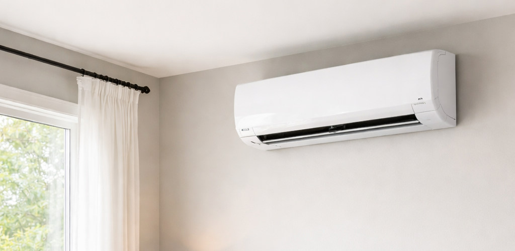 Ductless mini split air conditioner installed on wall in Orange County home