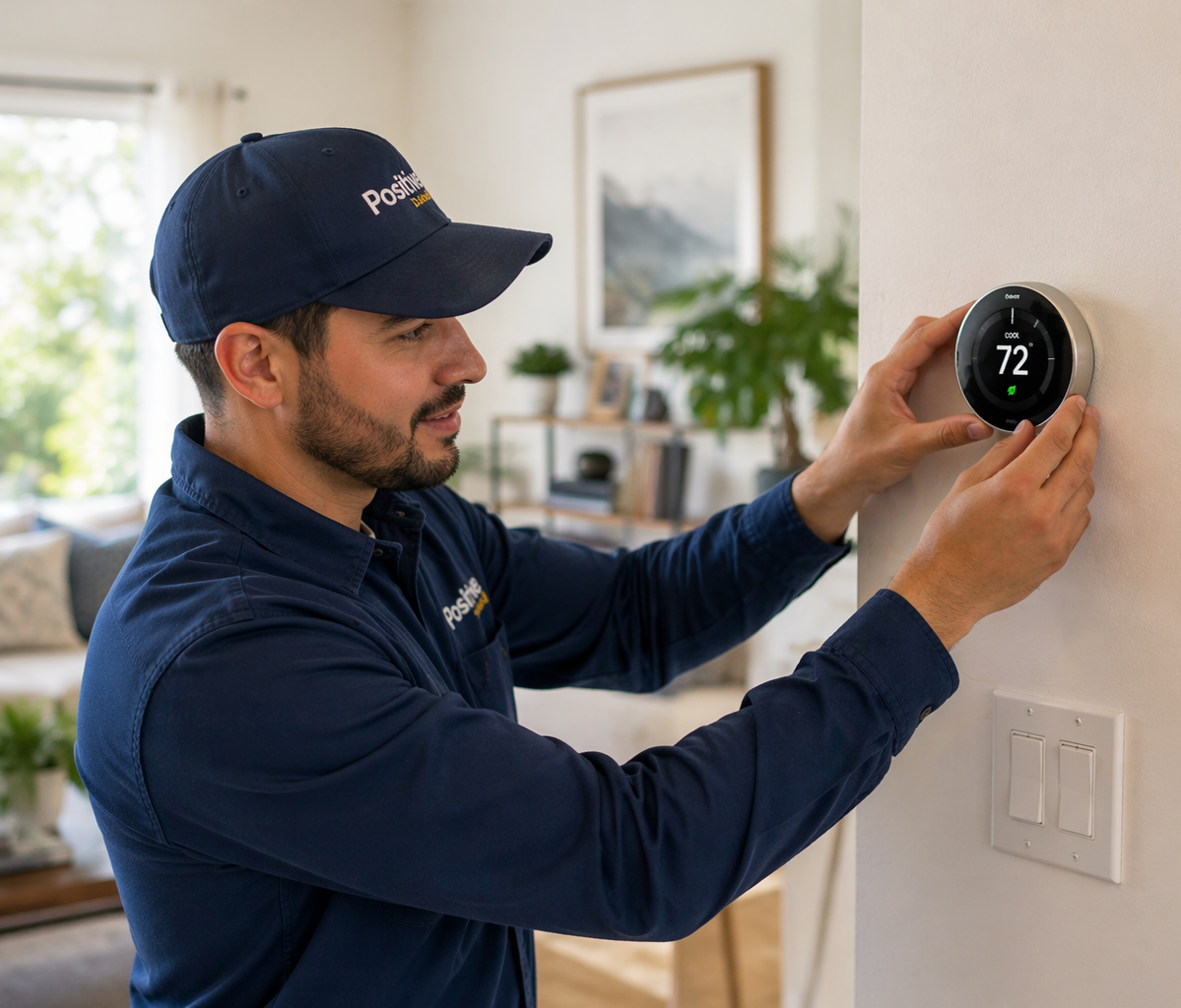 HVAC technician installing a smart thermostat in a modern Orange County home