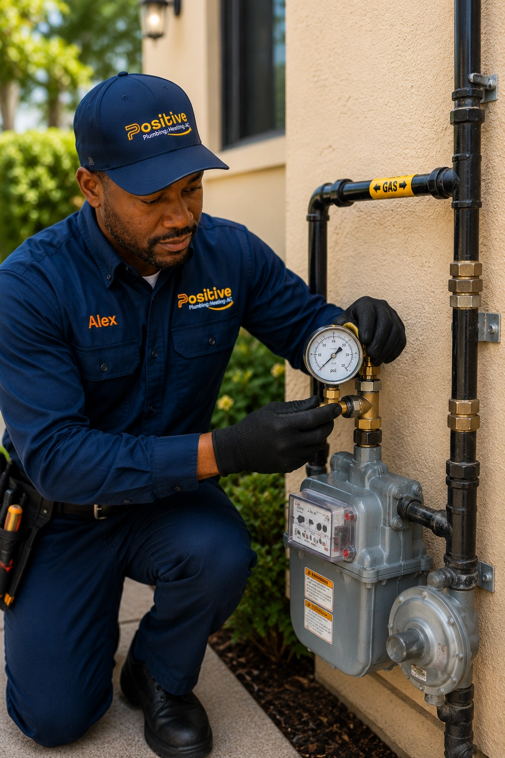 Technician performing residential gas line pressure testing in Orange County