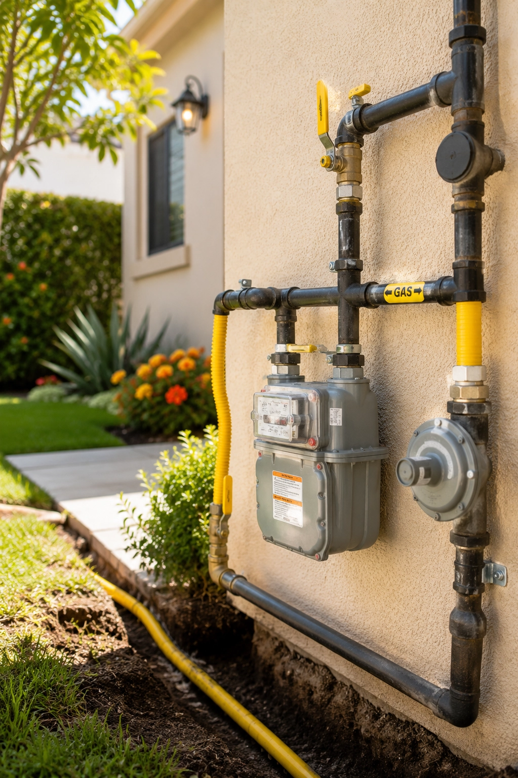 Residential natural gas line installation on exterior home wall in Orange County