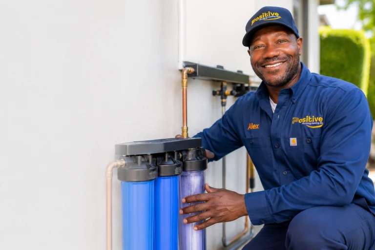 Technician installing a whole-house water filtration system in Orange County CA