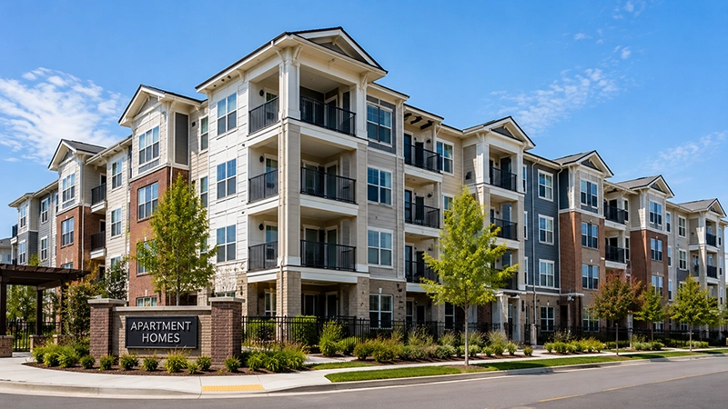 Modern multi-unit apartment building representing commercial repiping services in Orange County