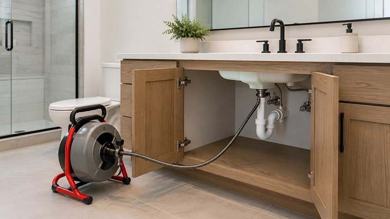 Positive Plumbing technician cleaning a clogged bathroom sink drain in Orange County