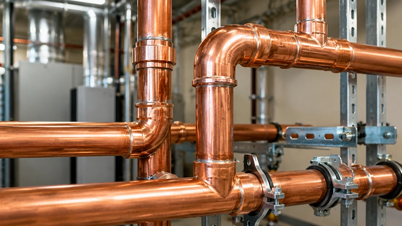 New copper piping installed in a commercial mechanical room