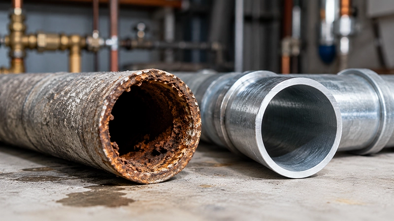 Corroded galvanized pipe beside a clean replacement pipe