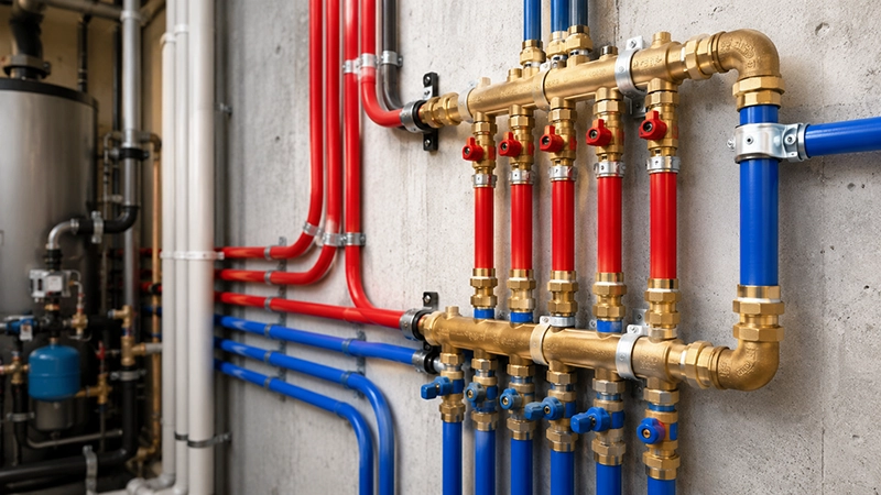 Red and blue PEX water lines connected to a commercial plumbing manifold