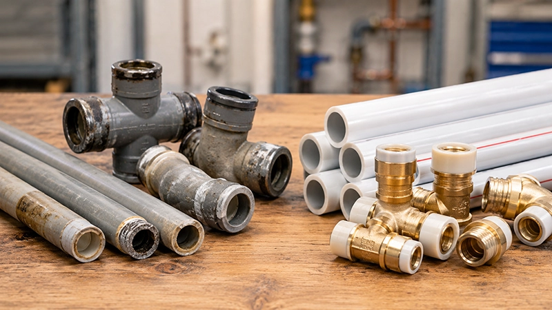 Older gray plumbing pipes and fittings beside modern replacement piping