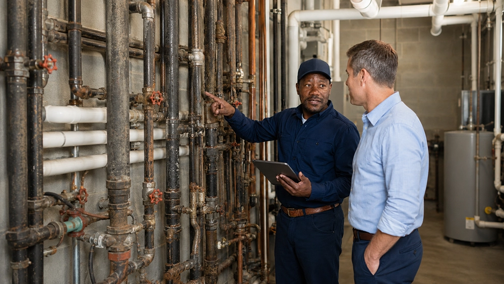 Plumbing professional evaluating aging commercial pipes with a property representative