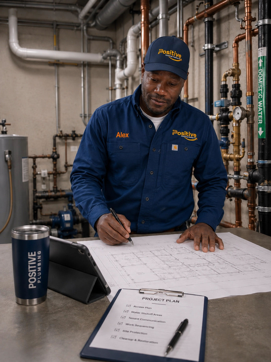 Positive Plumbing technician reviewing commercial repiping plans in a mechanical room