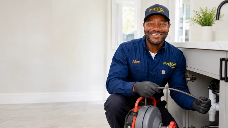 Positive Plumbing technician providing drain cleaning services in Orange County
