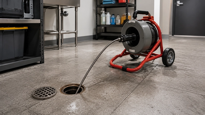Positive Plumbing technician performing floor drain cleaning in Orange County