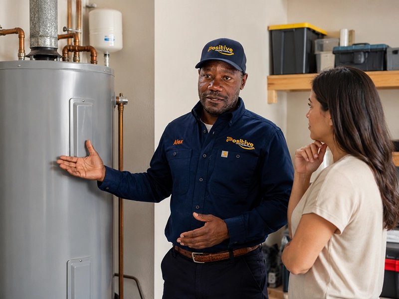 Positive Plumbing technician explaining water heater replacement options to an Orange County homeowner