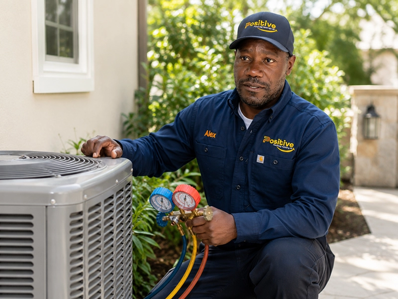 Positive Plumbing HVAC technician performing an air conditioning tune-up in Orange County