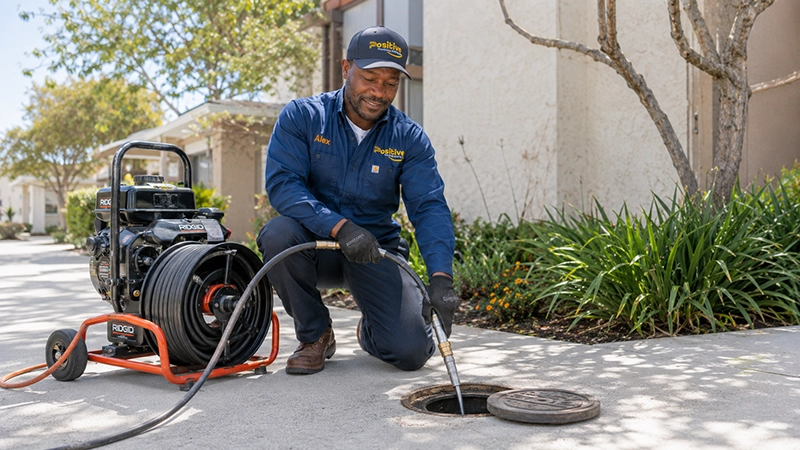 Positive Plumbing technician performing hydro jetting service at a residential property in Orange County