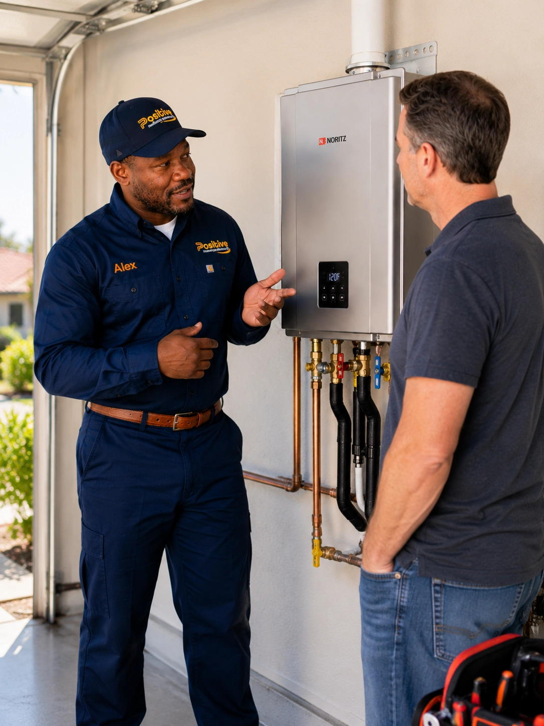 Positive Plumbing technician discussing tankless water heater installation options with a homeowner in Orange County California