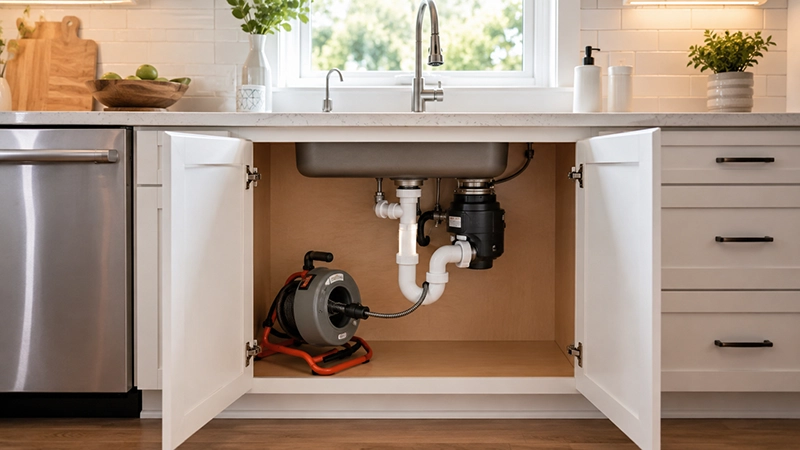 Positive Plumbing technician performing kitchen drain cleaning in Orange County