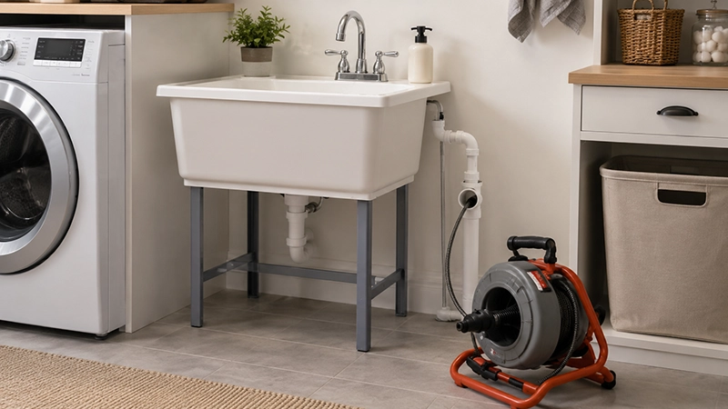 Positive Plumbing technician cleaning a laundry or utility drain in Orange County