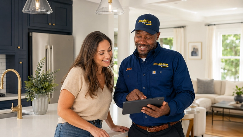 Positive Plumbing technician Alex reviewing plumbing inspection results with an Orange County homeowner