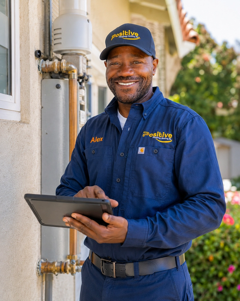 Positive Plumbing technician holding a tablet during a plumbing inspection in Orange County