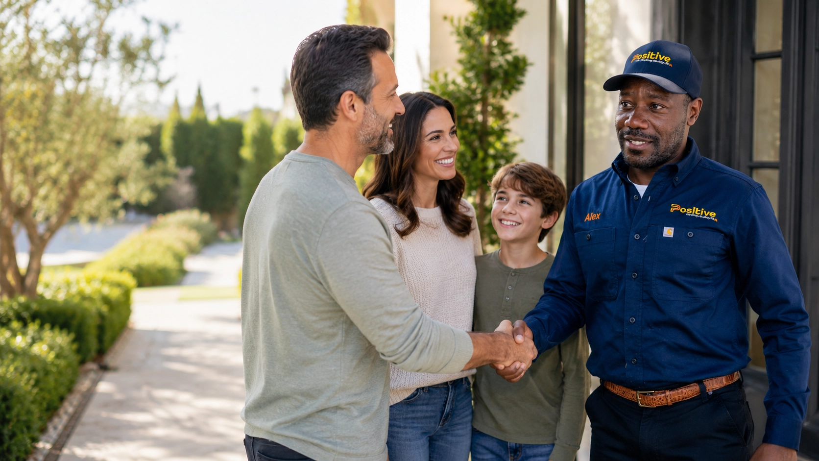 Positive Plumbing technician greeting a satisfied Orange County family