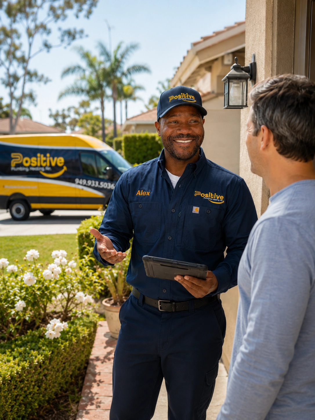Positive Plumbing Technician Speaking With Irvine Homeowner