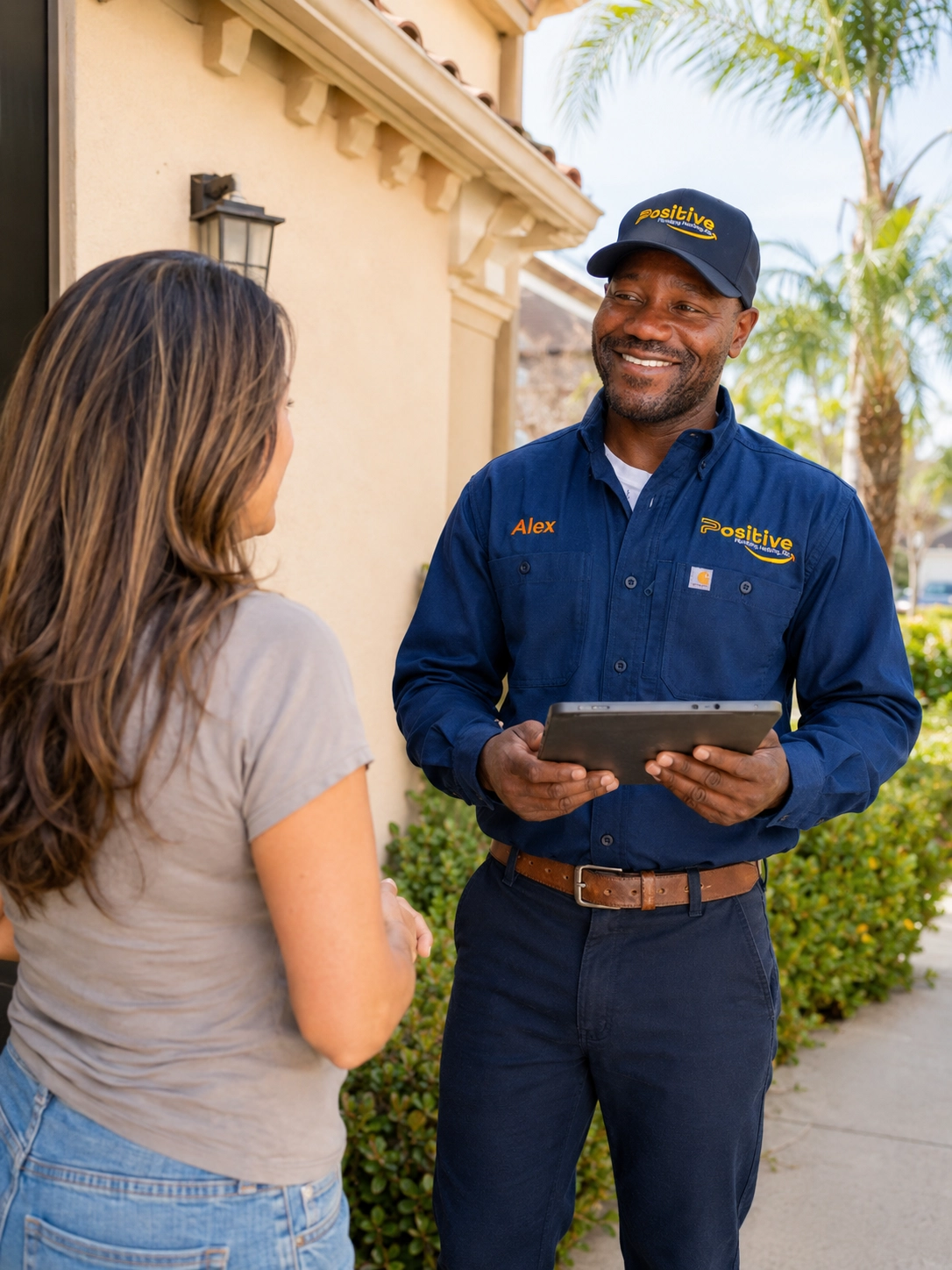 Positive Plumbing technician speaking with a homeowner outside an Orange County home