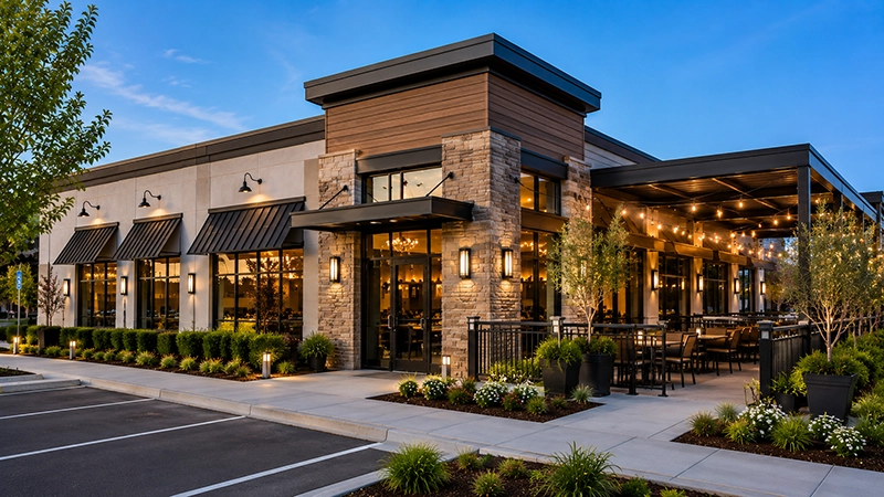 Modern restaurant property representing commercial repiping services in Orange County