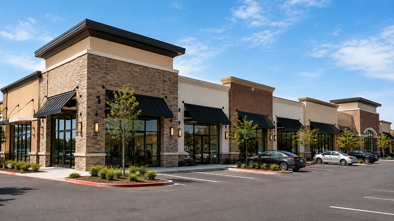 Modern retail center representing commercial repiping services in Orange County