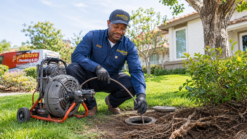 Positive Plumbing technician performing root-cutting sewer service near a residential cleanout in Orange County