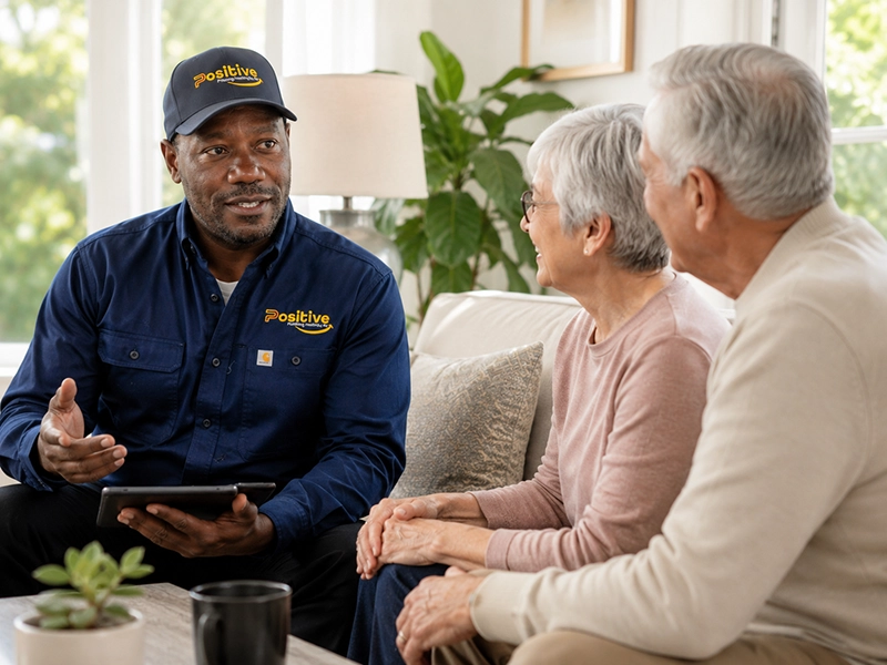 Positive Plumbing technician discussing a senior service discount with Orange County homeowners