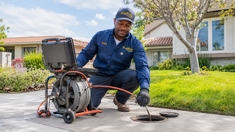 Positive Plumbing technician performing sewer camera inspection at a residential property in Orange County