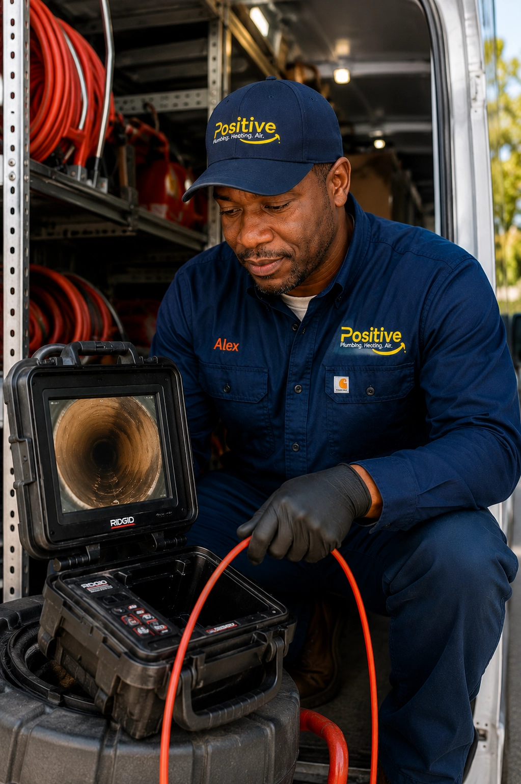 Positive Plumbing technician using sewer camera inspection equipment for sewer line repair in Orange County