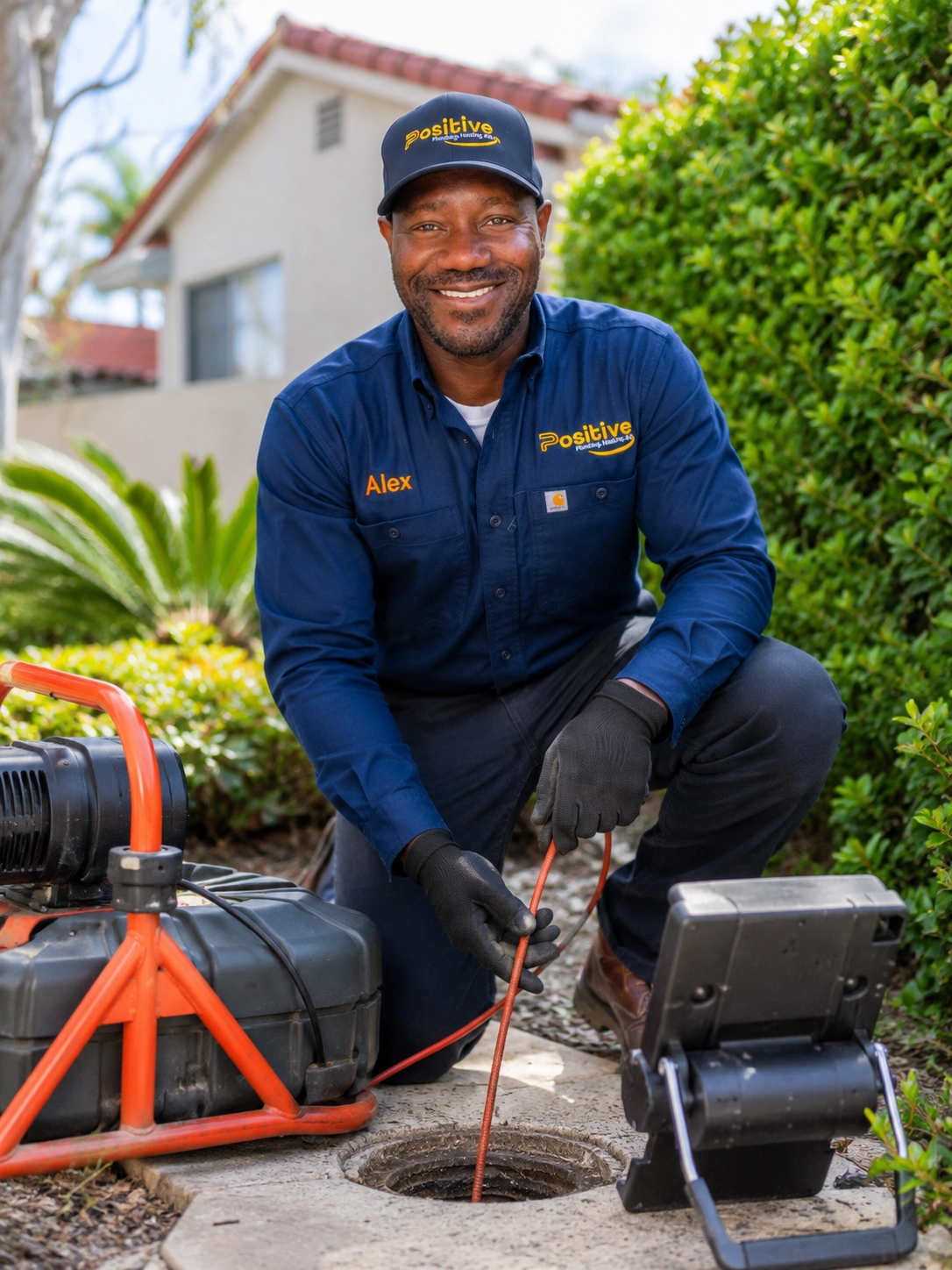 Positive Plumbing technician performing professional sewer cleaning at an Orange County home