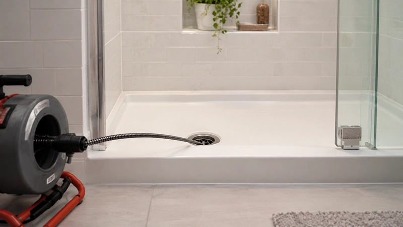 Positive Plumbing technician performing shower and bathtub drain cleaning in Orange County
