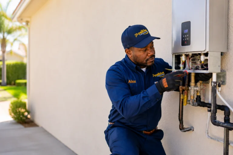 Positive Plumbing technician repairing a tankless water heater in Orange County California