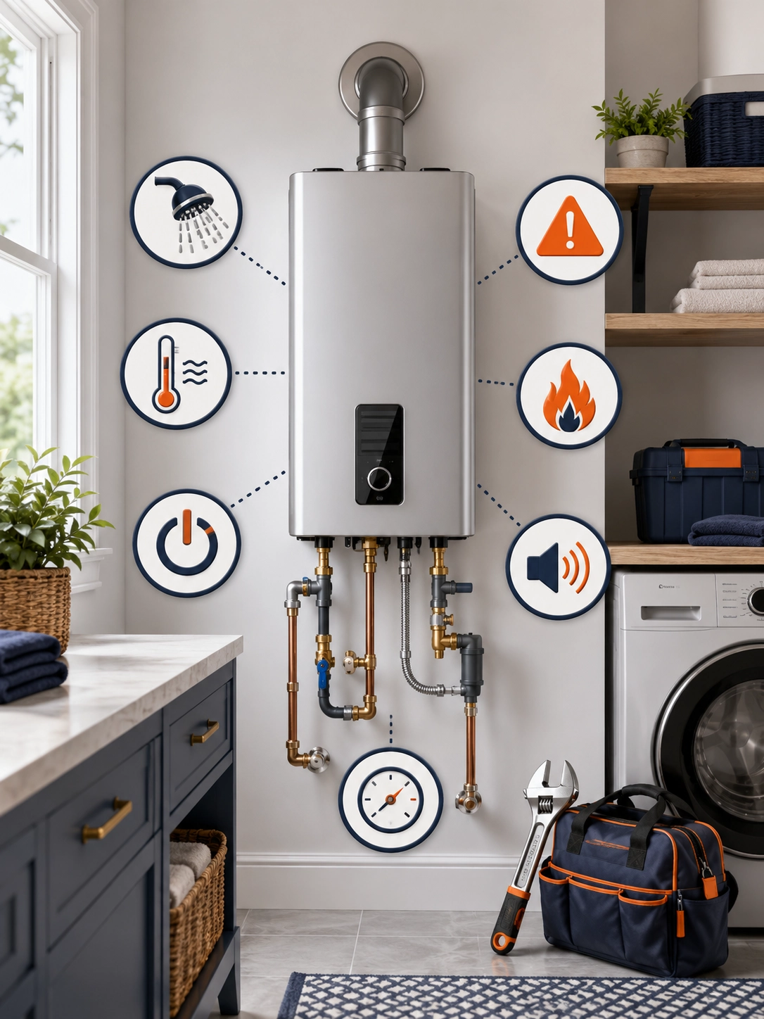 Tankless water heater with warning icons showing common repair signs such as inconsistent hot water, error alerts, ignition issues, and unusual noises.