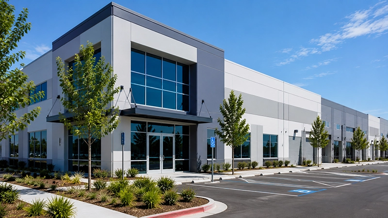 Modern warehouse and light industrial building representing commercial repiping services in Orange County