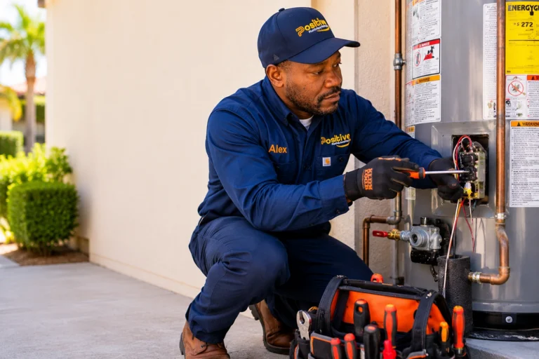Positive Plumbing technician repairing a residential water heater in Orange County California