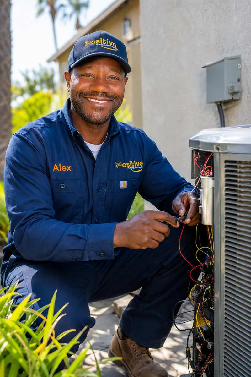 Positive Plumbing technician servicing an outdoor air conditioning unit in Irvine, CA