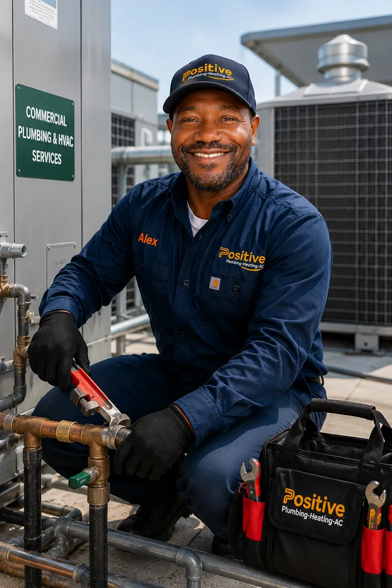 Positive Plumbing technician servicing commercial plumbing and HVAC equipment in Irvine, CA