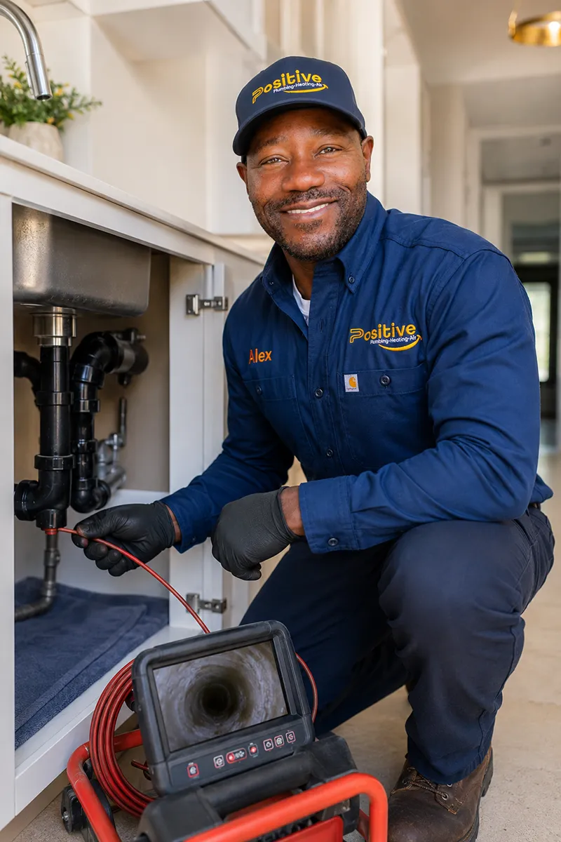 Positive Plumbing technician performing a drain and sewer camera inspection in Irvine, CA