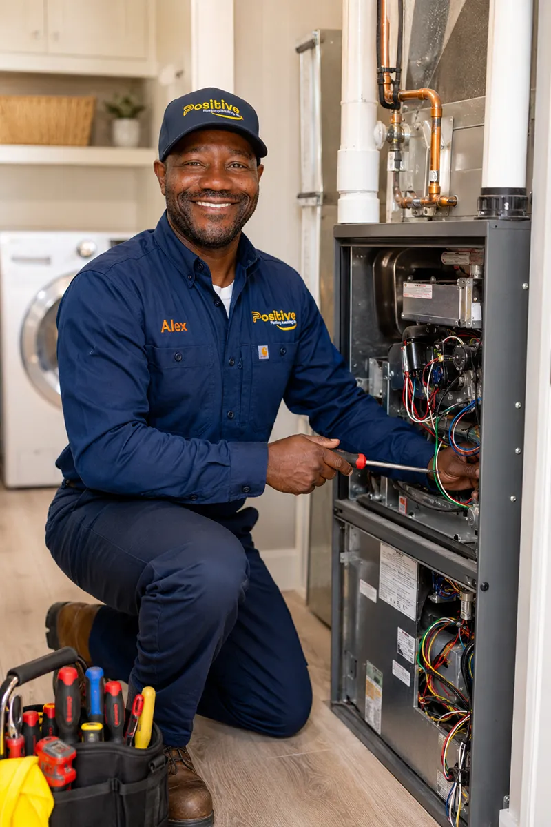 Positive Plumbing technician inspecting and repairing a residential furnace in Irvine, CA