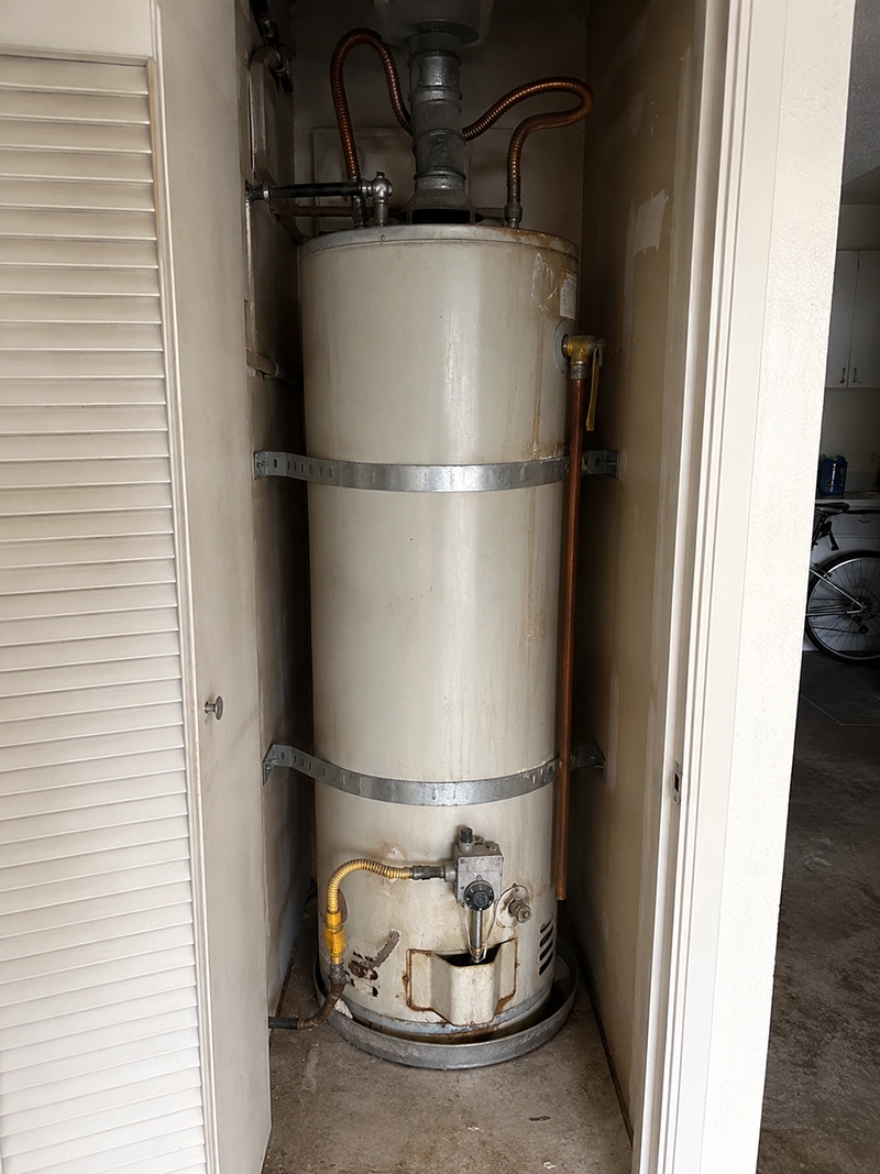 Old Water Heater Before Replacement in Irvine, CA Old water heater before replacement in an Irvine, CA condominium