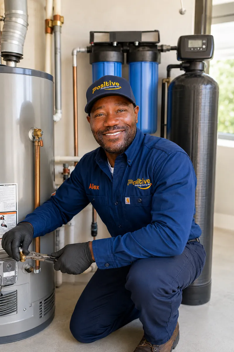 Positive Plumbing technician servicing a water heater and water filtration system in Irvine, CA