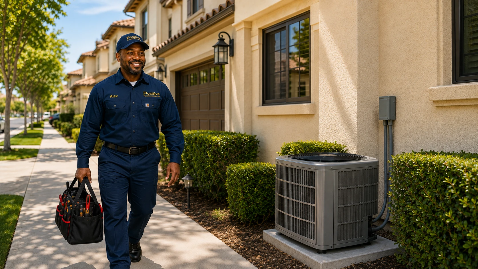 Positive Plumbing technician leaving a Turtle Rock townhome after completing an AC capacitor repair