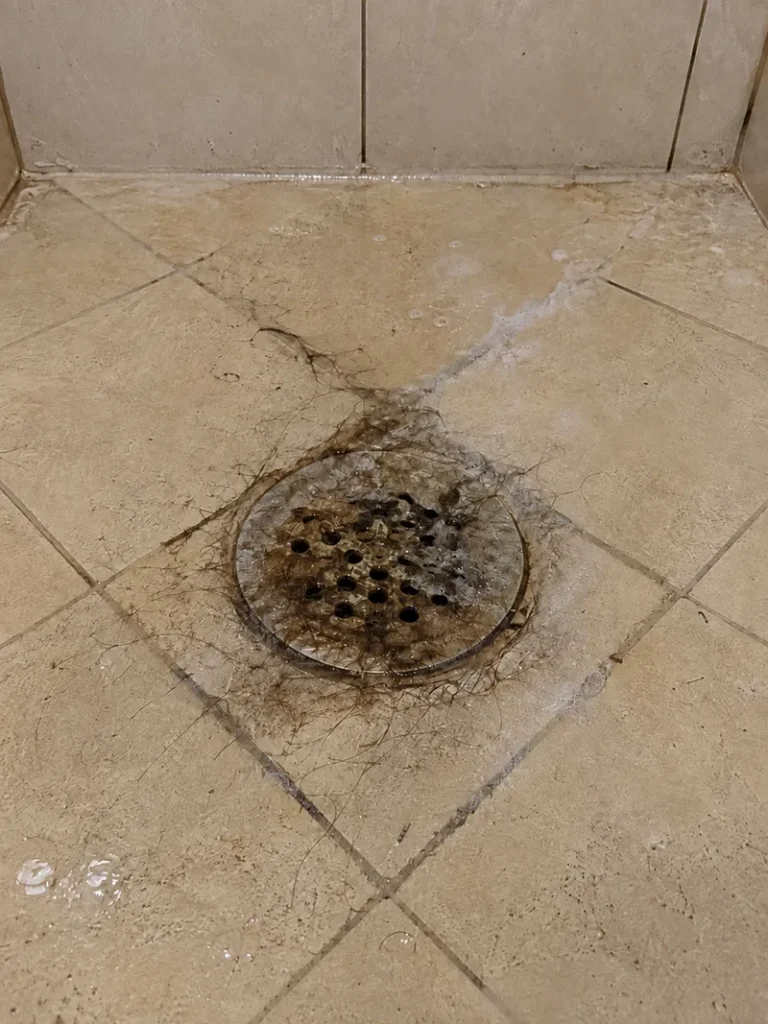 Clogged shower drain with hair and buildup before professional drain cleaning