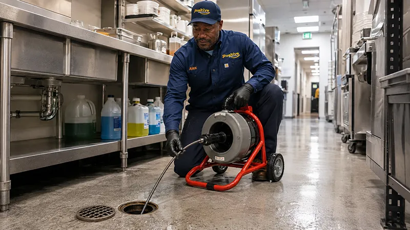 Positive Plumbing technician performing commercial drain cleaning