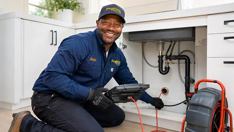 Positive Plumbing technician inspecting a residential drain with professional camera equipment