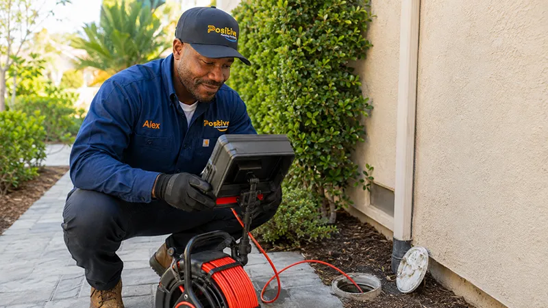 Positive Plumbing technician performing a drain and sewer camera inspection with professional equipment