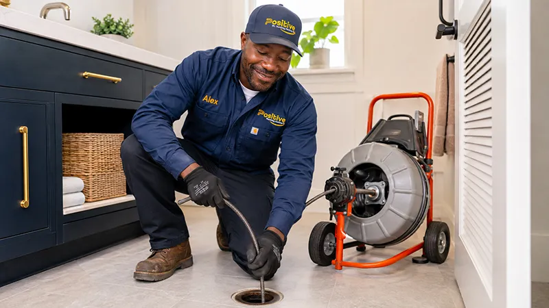 Positive Plumbing technician using a professional drain snake to clear a residential drain